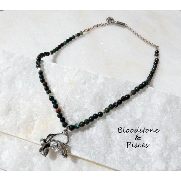 Sterling Silver Pisces Fish Bloodstone Beaded Pendant Necklace Pentagram - Picture 4 of 9